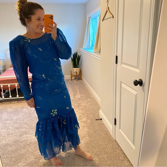 Vintage Handmade Blue Embellished Long Sleeve Mermaid Maxi Gown Small - Picture 4 of 15